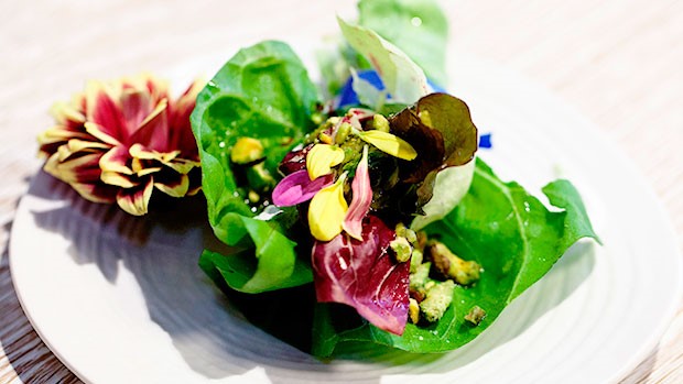 Bouquet of Flower Salad with Cream and Chopped Pistachios 